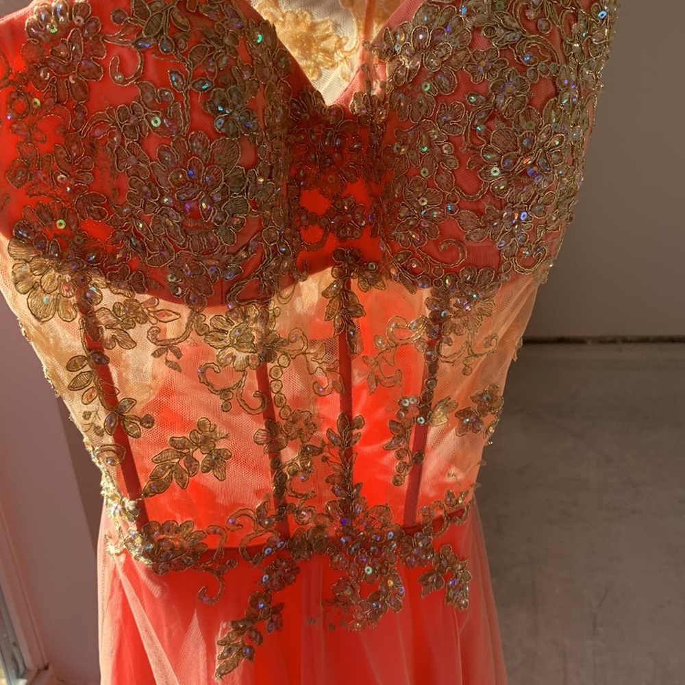 Exquisite jeweled coral colored strapless princess gown by La Femme size 6 - Picture 14 of 14